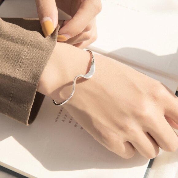 NEW 925 Sterling Silver Wave Textured Cuff Bracelet - Picture 2 of 5